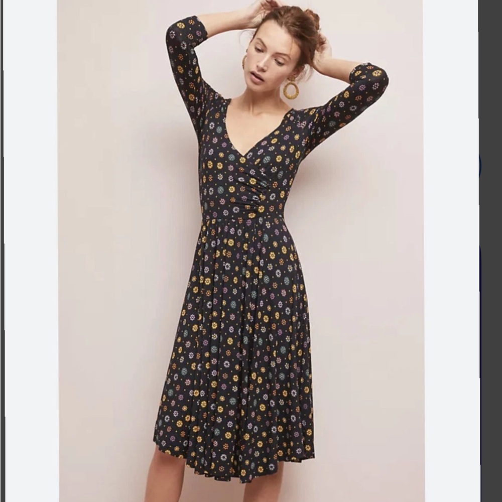 Anthropologie Black Floral Midi Dress with Yellow & Purple Accents